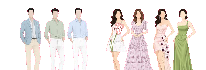 Attire guide illustration showing sample outfits for guests